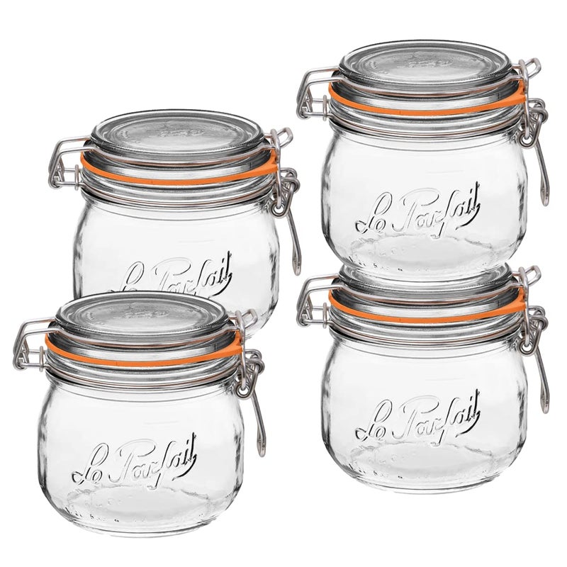 Le Parfait Super Jar, Canning Jars, 500mL French Glass Canning Jar w/Round Body, Glass Jars With Airtight Lid, Canning Jars Wide Mouth, Glass Jar w/Lid, Clear Jars, Clear Glass Jars (16oz/Pint, 4 pk) - Image 1